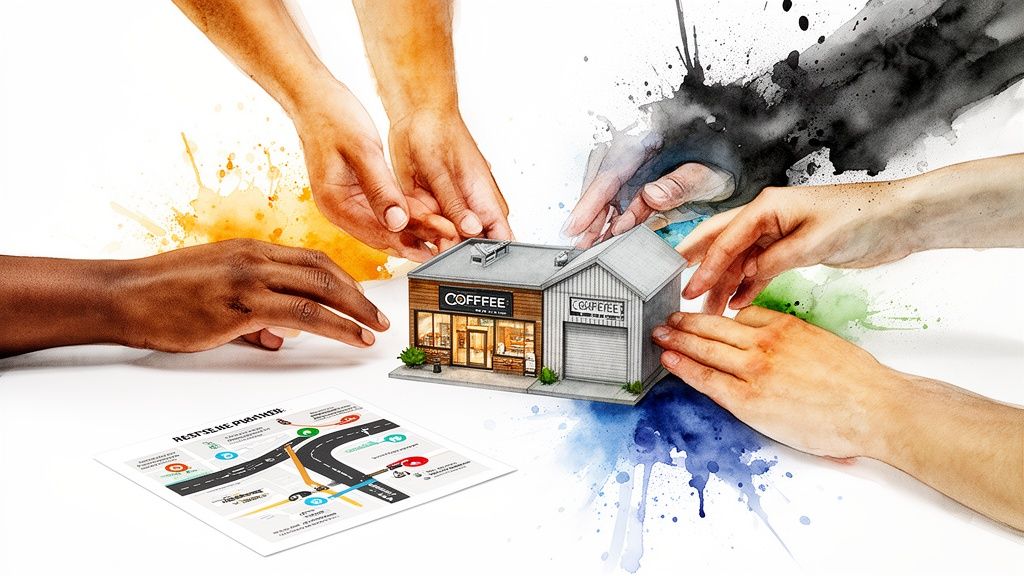 Diverse hands collaborate around a miniature coffee shop model, symbolizing commercial real estate investment.
