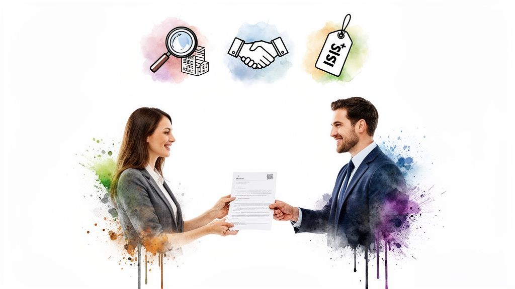 Business professionals exchange a document, with icons representing property search, agreement, and closing costs.