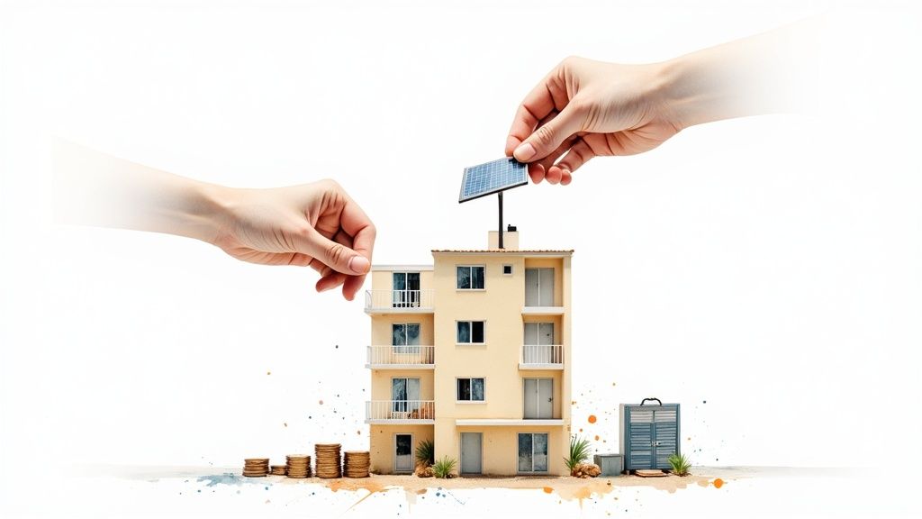 Hands adding a solar panel to a model apartment building, symbolizing investment in sustainable real estate.