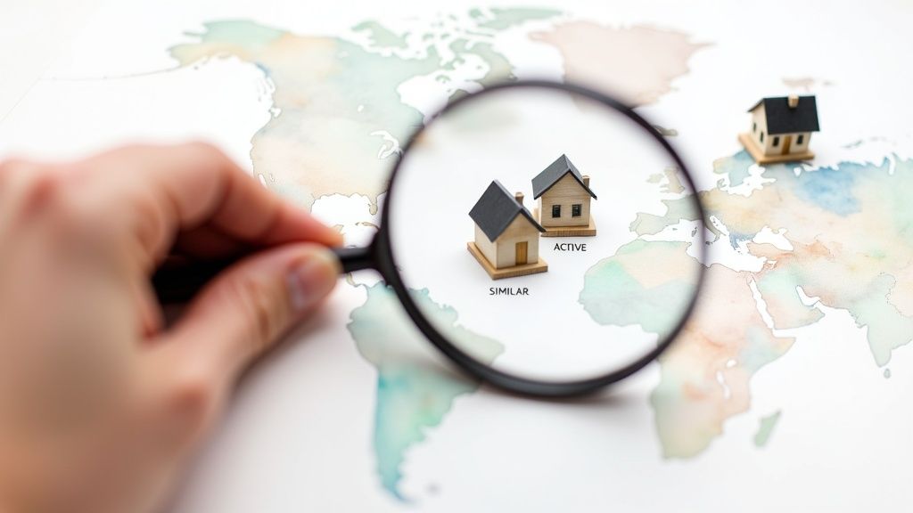 Hand using a magnifying glass to compare "SIMILAR" and "ACTIVE" miniature houses on a world map.