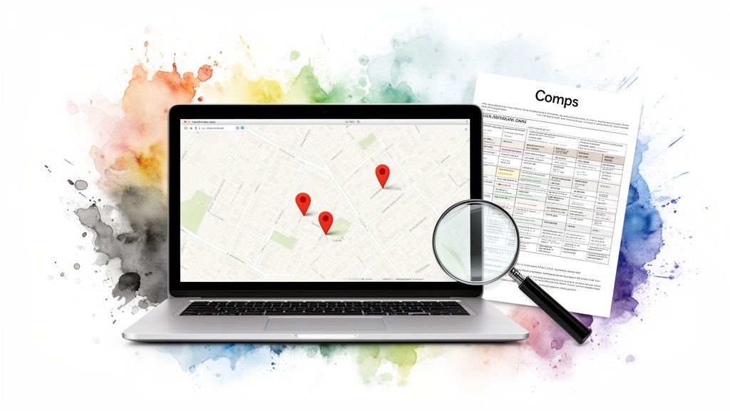 Laptop displaying a map with red pins, a 'Comps' document, and a magnifying glass.