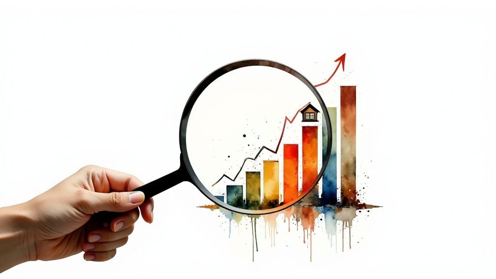 A close-up of a magnifying glass over a property listing on a digital tablet, with financial charts in the background.