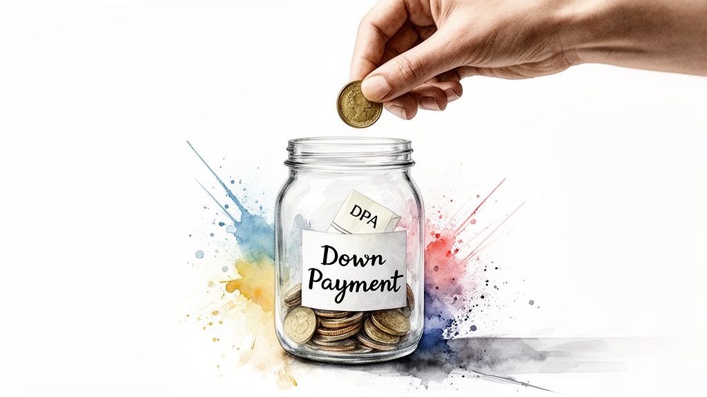 Hand dropping a coin into a glass jar labeled 'Down Payment' with 'DPA' inside, surrounded by colorful splashes.