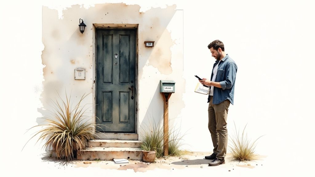 A man stands outside a house, checking his phone and a document near a mailbox and door.