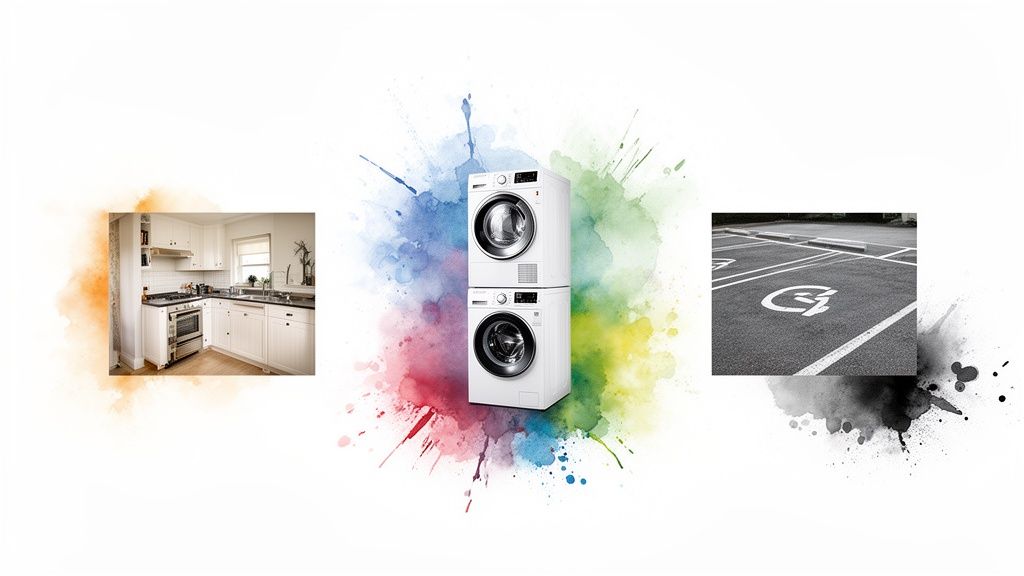 Vignettes featuring a modern kitchen, stacked laundry appliances, and a parking lot space.