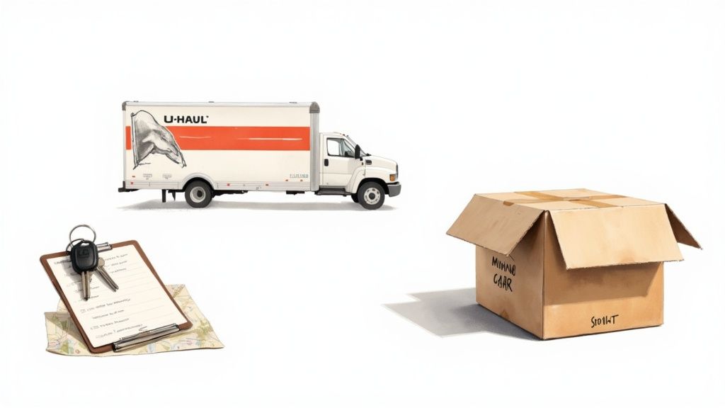 A moving truck on a sunny Los Angeles street lined with palm trees.