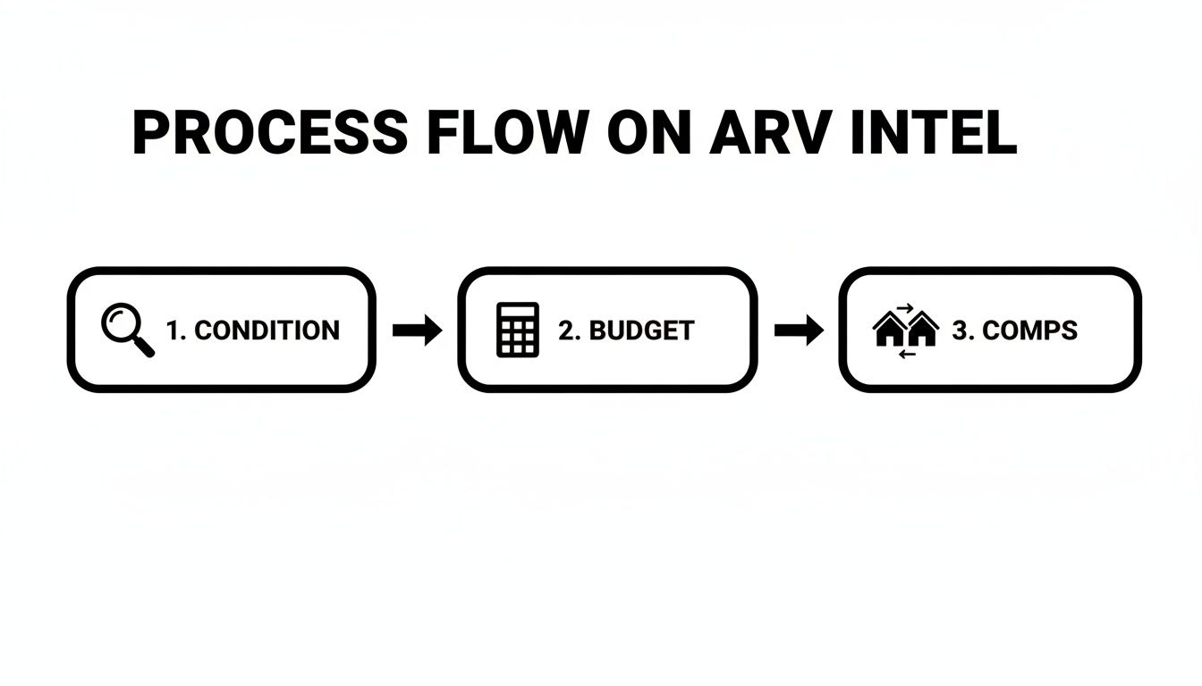 A three-step process flow for After Repair Value (ARV) Intel, outlining condition, budget, and comps.