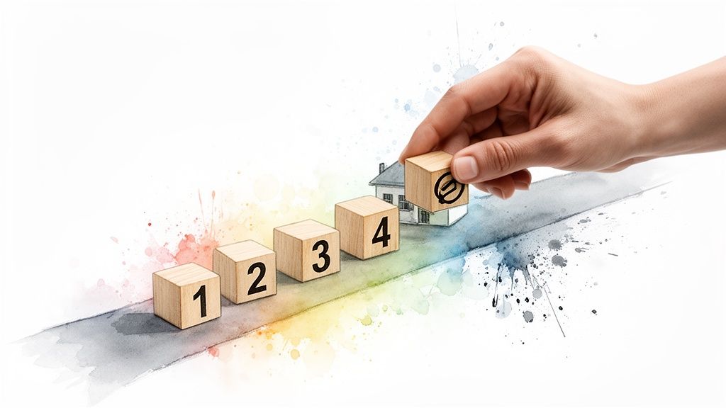 Hand places a house block on numbered steps, symbolizing the real estate purchasing process.