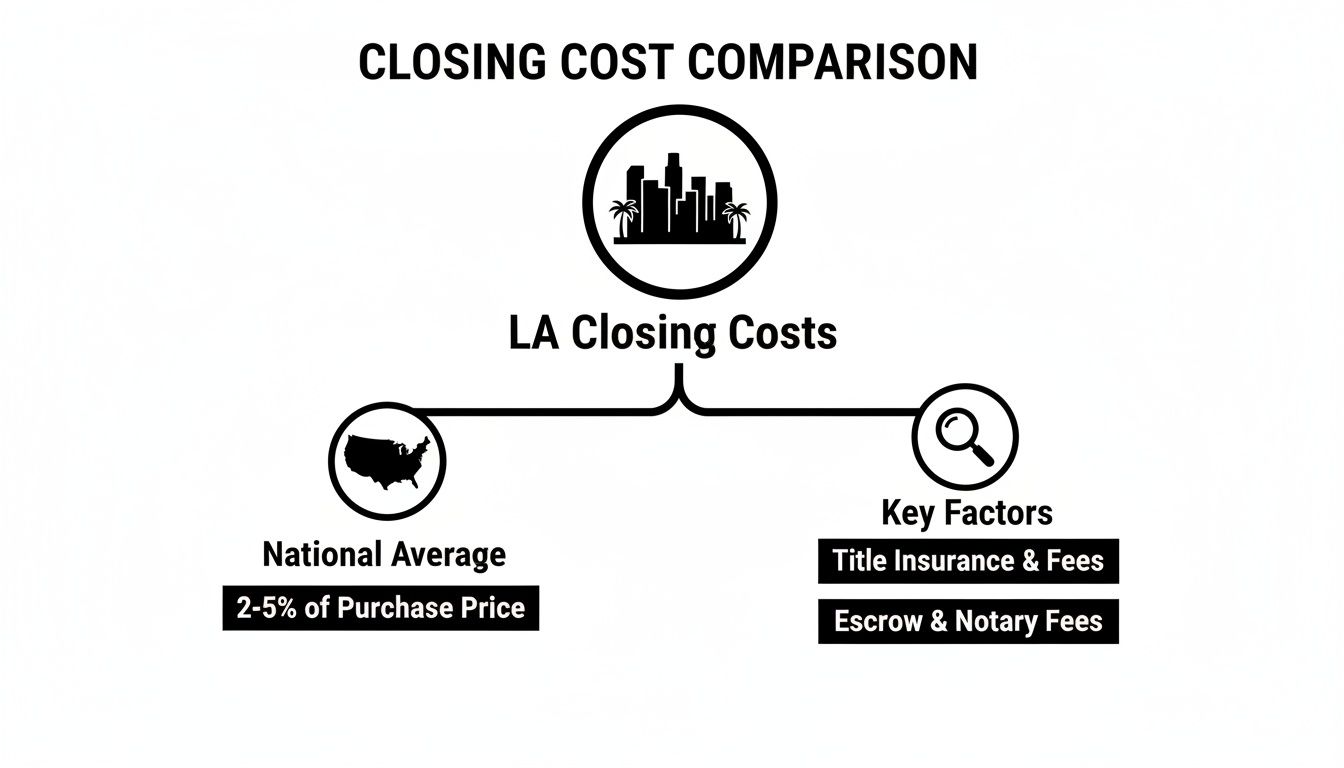 Infographic comparing LA closing costs to the national average, highlighting key factors like title insurance and escrow fees.