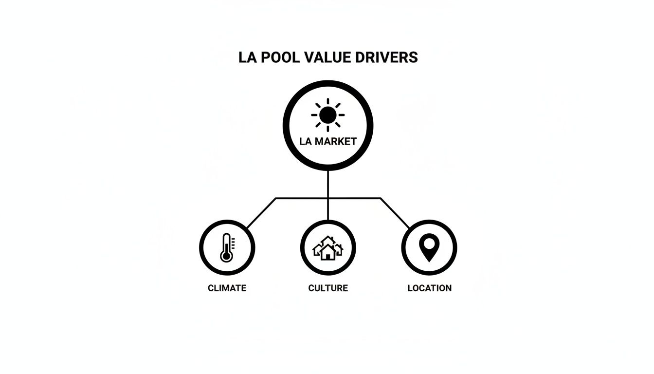 Diagram showing LA Market as a central factor, influenced by climate, culture, and location for pool value.