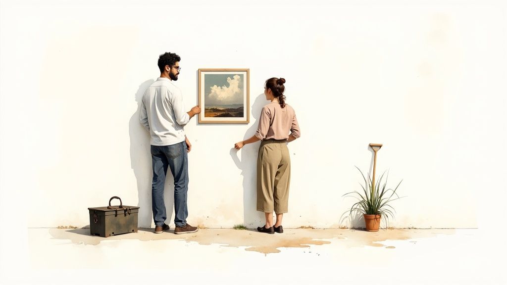 A person looking thoughtfully at a house with a sold sign in front.
