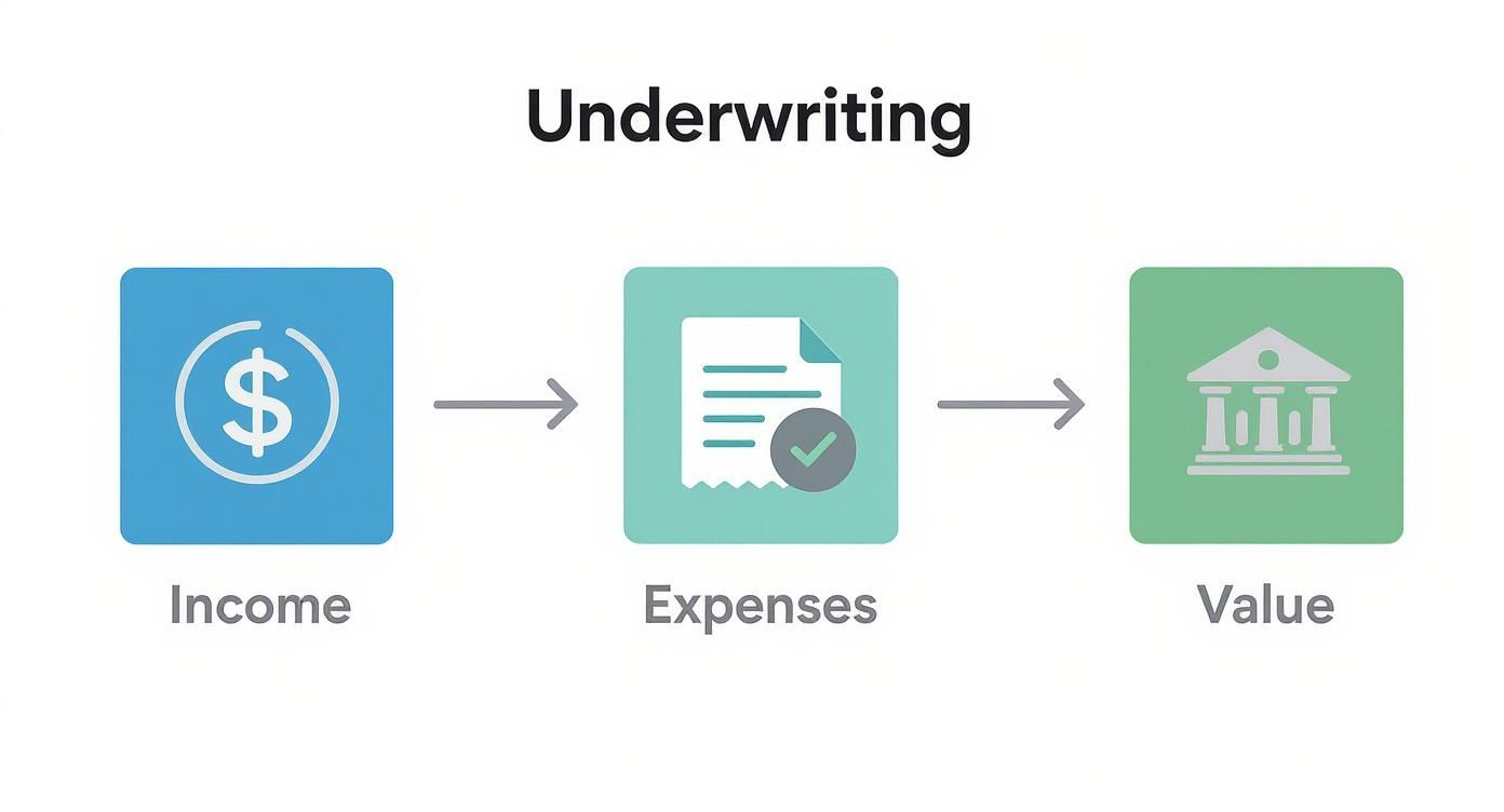 Underwriting process flowchart showing income, expenses, and value calculation for financial assessment.