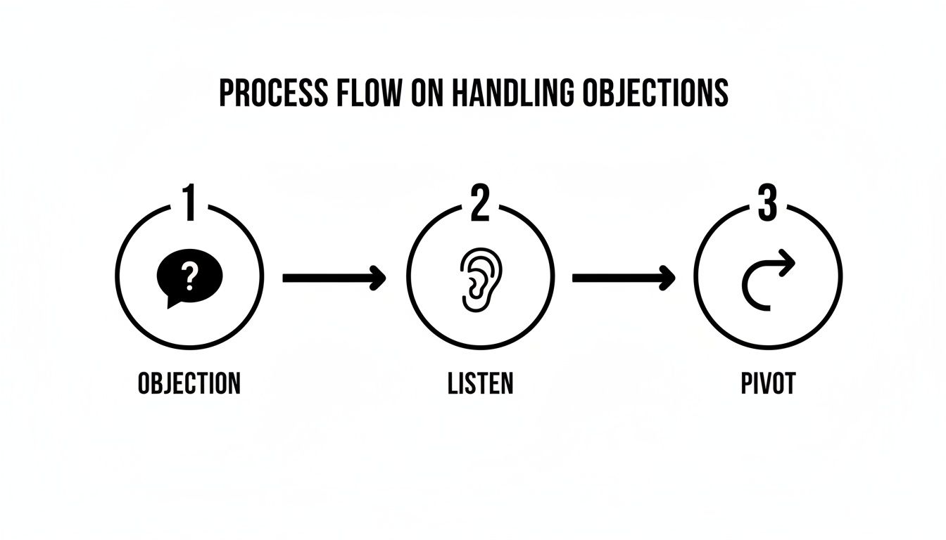 A three-step process flow for handling objections: Objection, Listen, and Pivot, with corresponding icons.