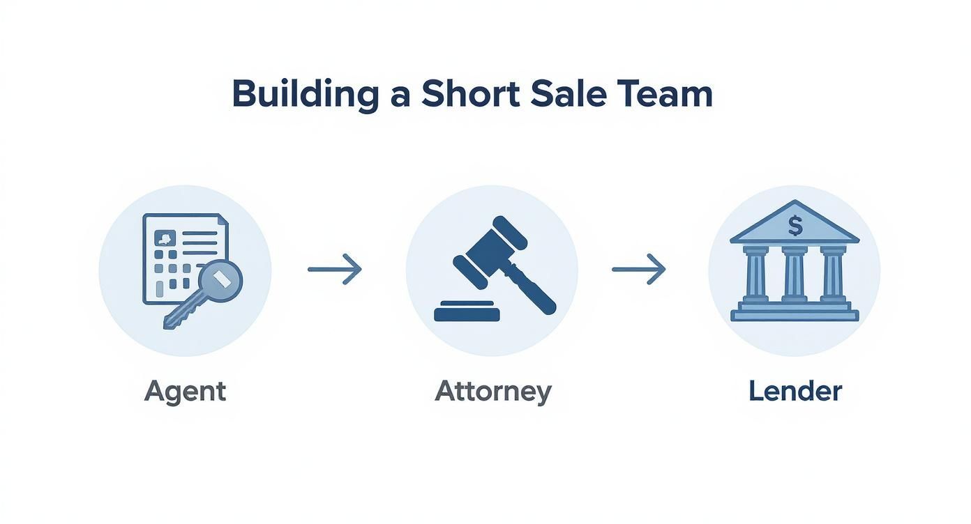 Infographic outlining the process flow for building a short sale team with icons for an agent, attorney, and lender.