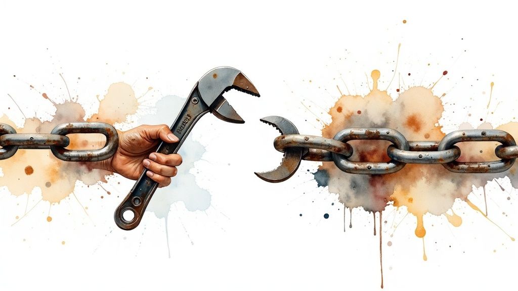 A magnifying glass hovering over a broken link in a metal chain, symbolizing a title defect.