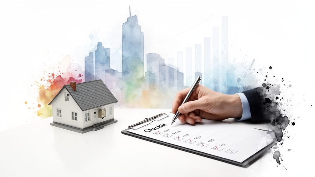 A hand completes a checklist next to a miniature house, with a city skyline and growth graph in the background, symbolizing real estate investment analysis.
