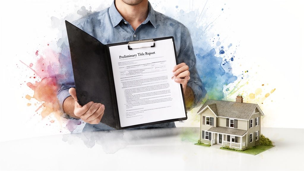 A person holds a 'Preliminary Title Report' document on a clipboard next to a miniature house model, surrounded by watercolor splashes.