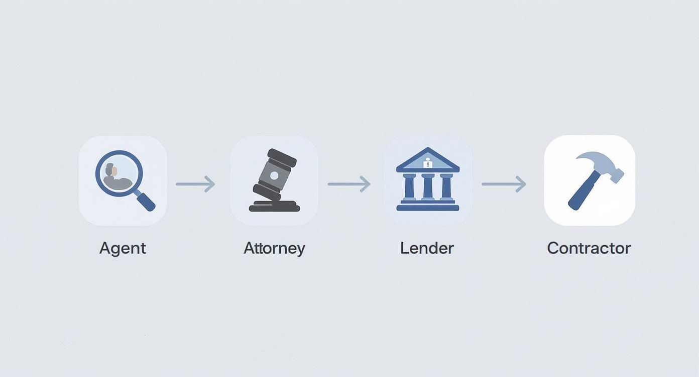 Real estate investment process flow showing agent, attorney, lender, and contractor collaboration stages