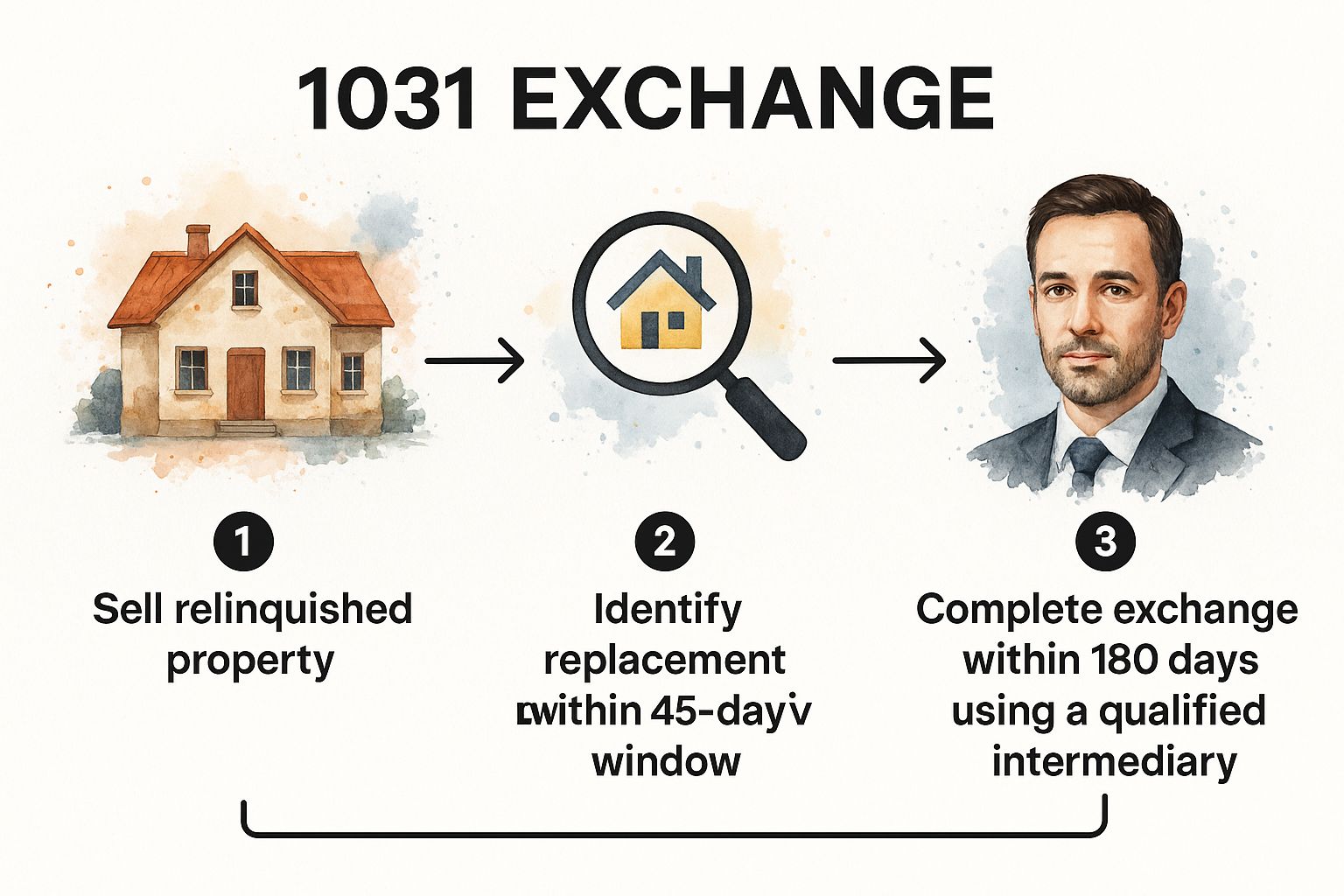 Infographic showing the 3-step process of a 1031 Exchange: Sell Relinquished Property, Identify Replacement within 45 days, and Complete Exchange within 180 days.