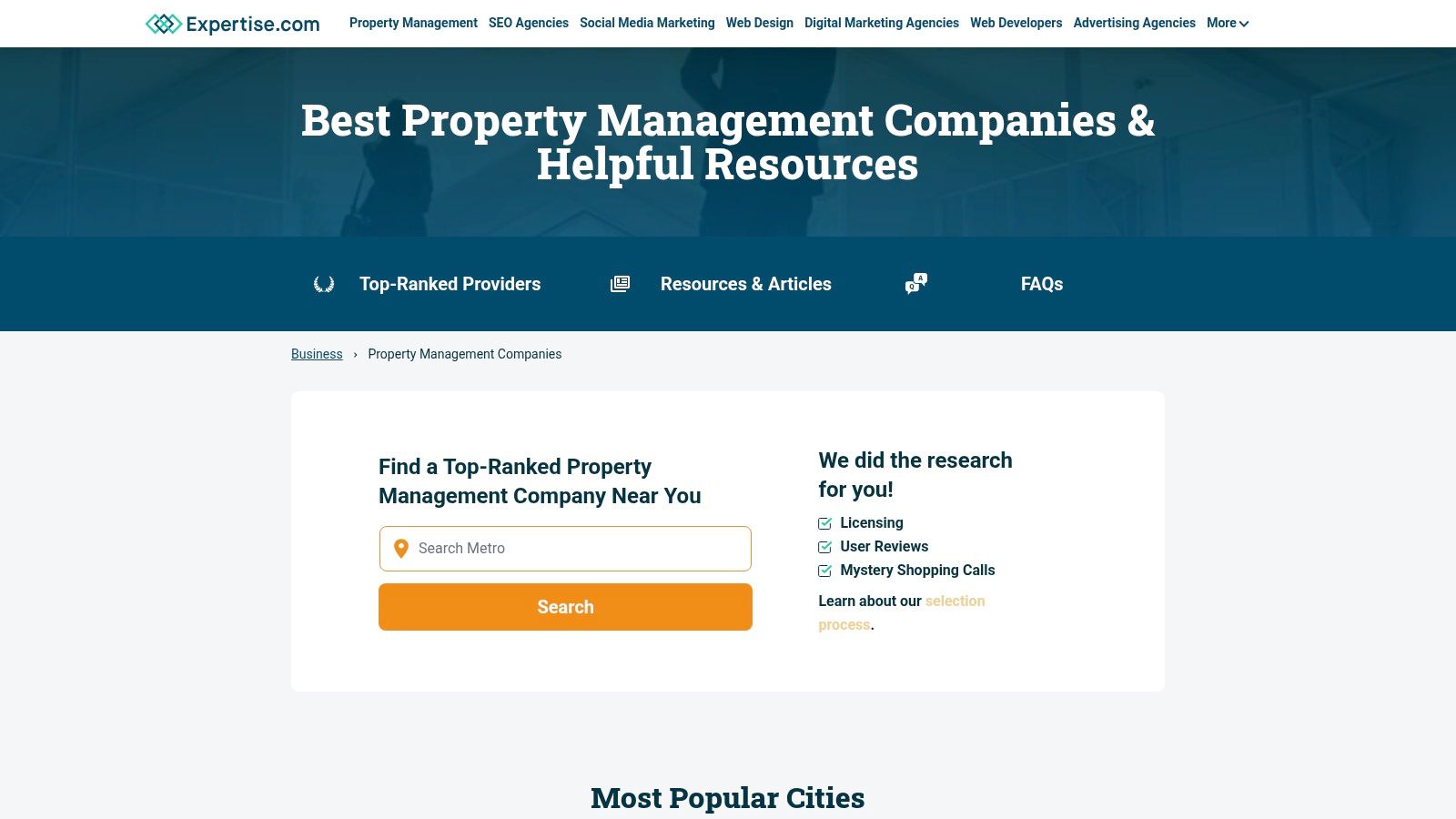 A screenshot of the Expertise.com website showing its curated list of top property managers in the Los Angeles area.