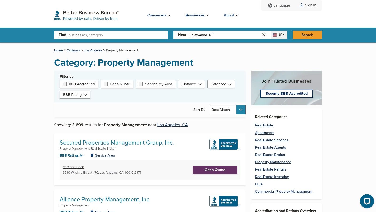 A screenshot of the Better Business Bureau website showing the search results for property management companies in the Los Angeles area.