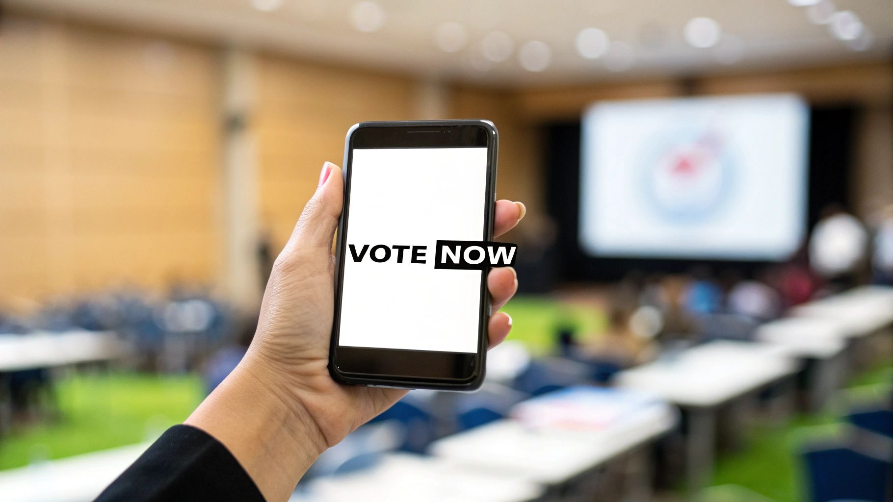 Hand holding smartphone displaying "VOTE NOW" text, set in conference room environment with tables and audience, illustrating live polling and audience engagement during meetings.