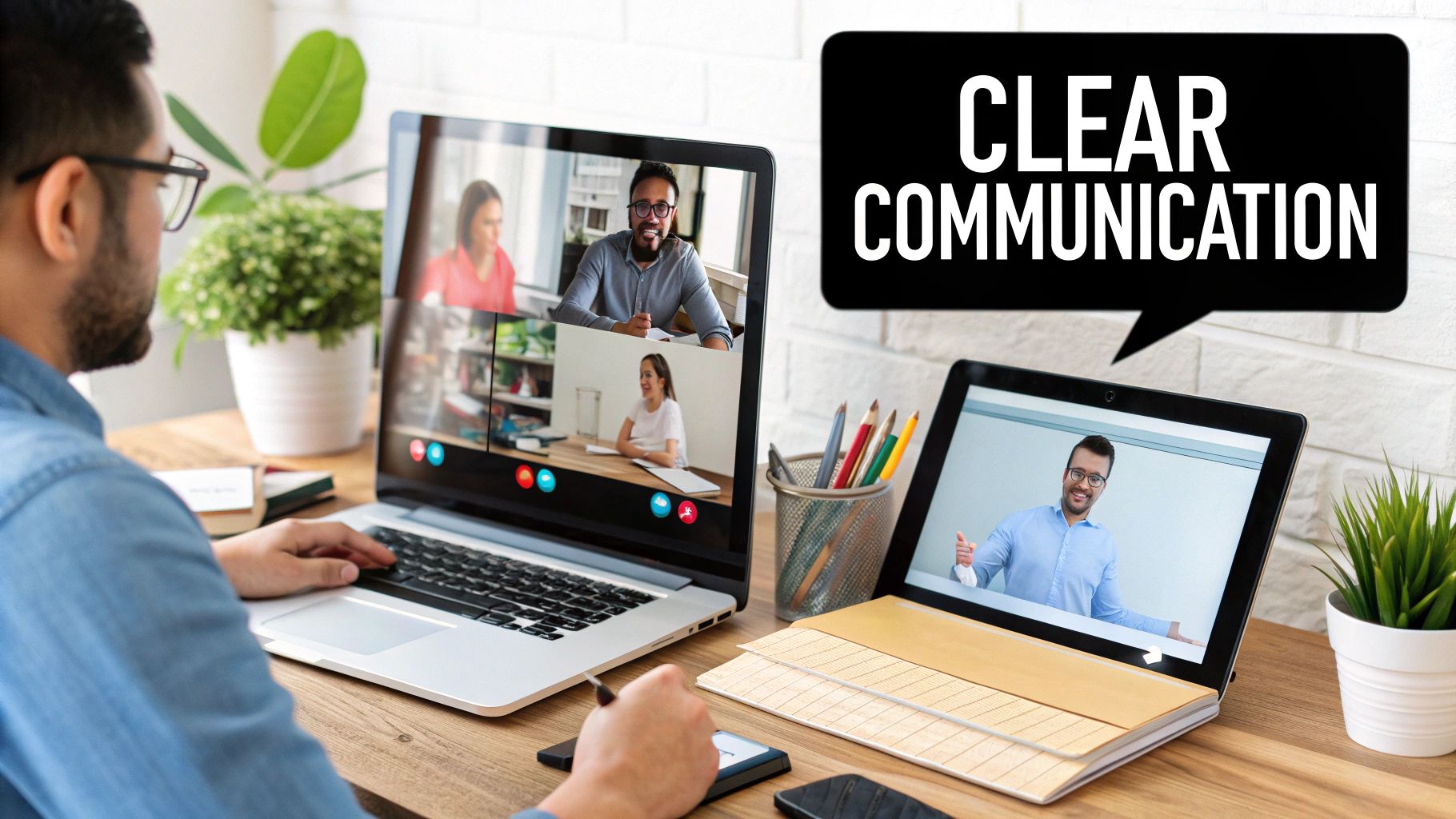 A group of remote employees collaborating on a project virtually, smiling and engaged in their respective home offices.