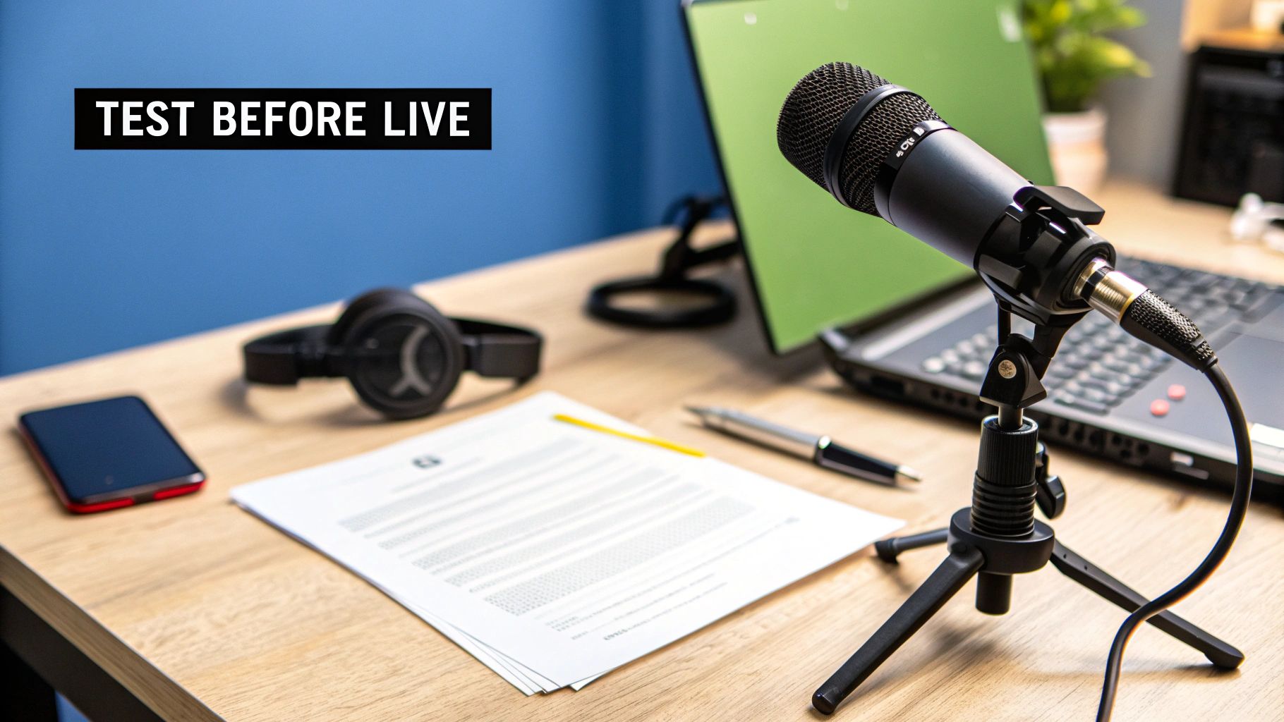 Microphone on a stand with headphones, smartphone, laptop, and documents on a desk, emphasizing the importance of technical testing before live webinars.