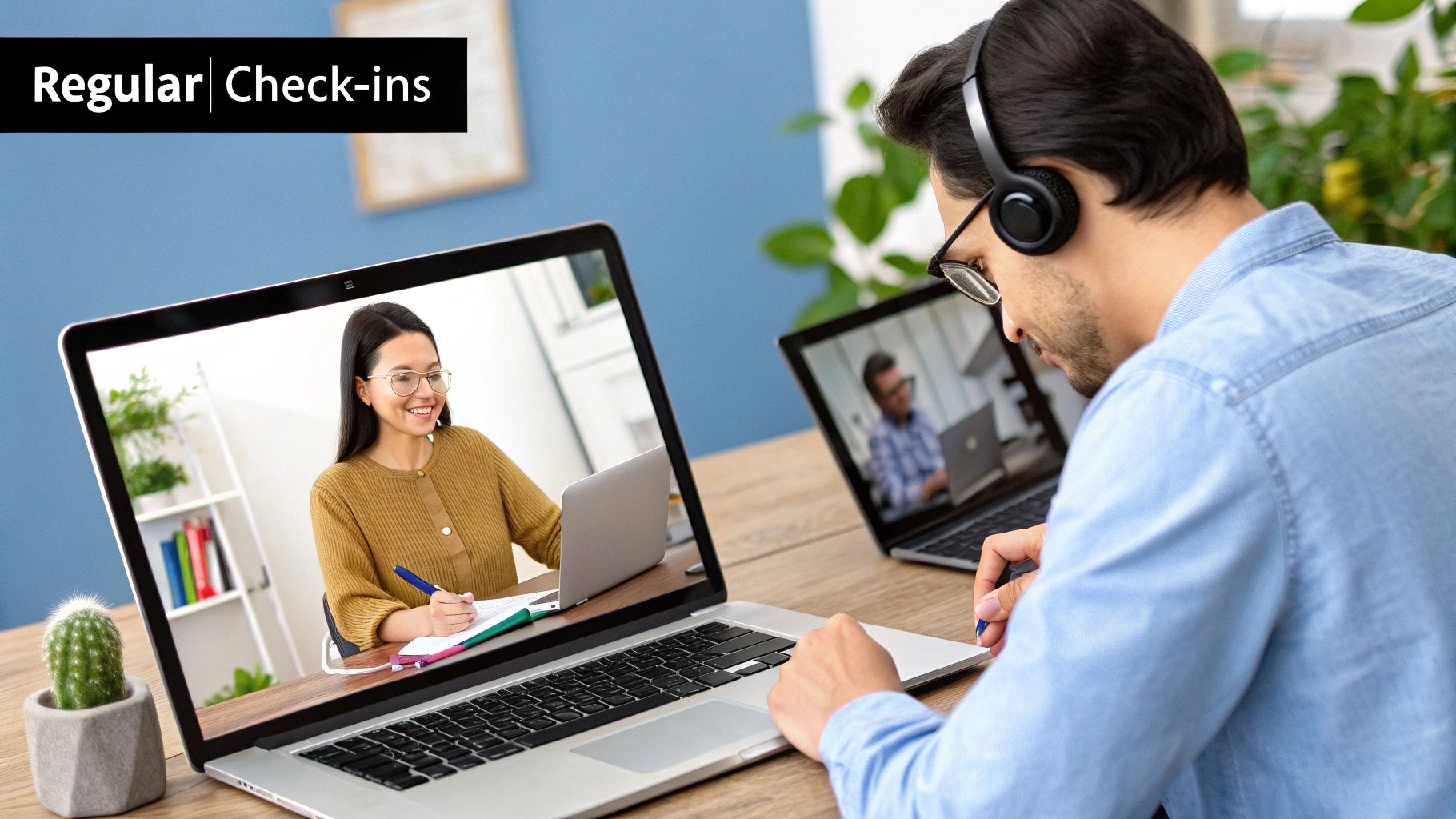 Man in headphones engaging in virtual check-in with a smiling woman on a laptop screen, illustrating remote team management and communication strategies.