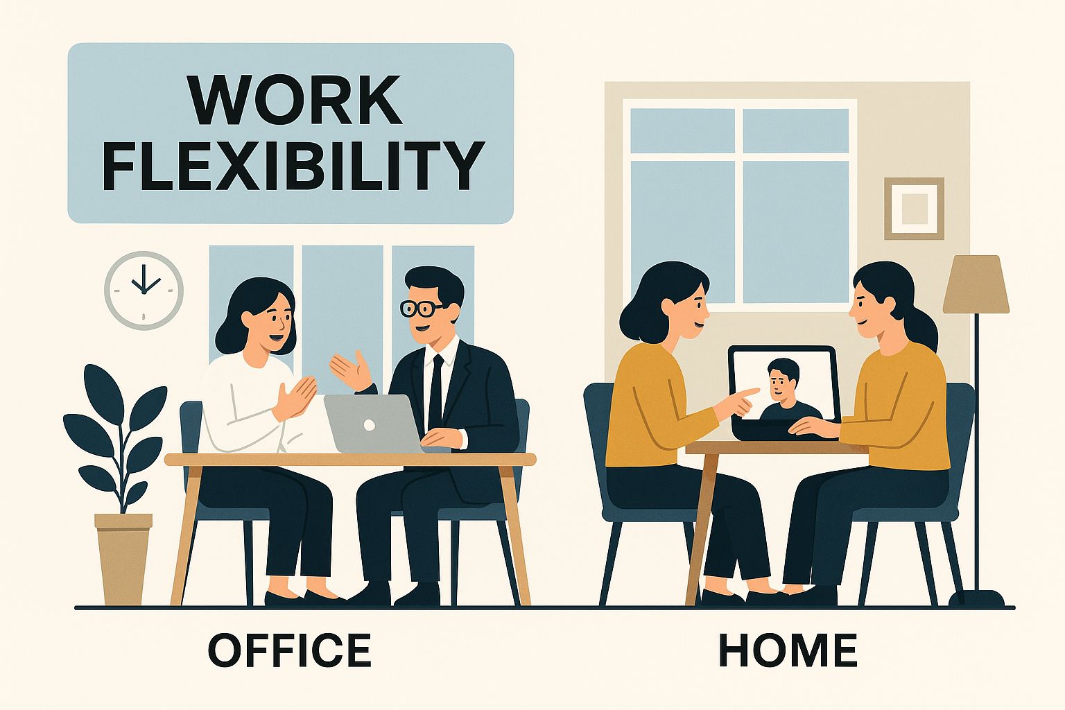 Office and home work flexibility illustration, featuring two scenes: a woman and a man collaborating at a desk with a laptop in an office setting, and two women engaging via video call on a laptop at home, emphasizing hybrid work environments and collaboration.