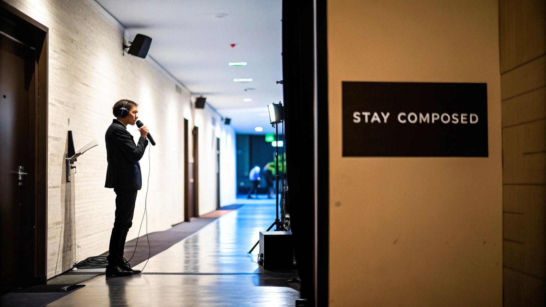 A speaker confidently taking questions from an engaged audience in a modern conference room.
