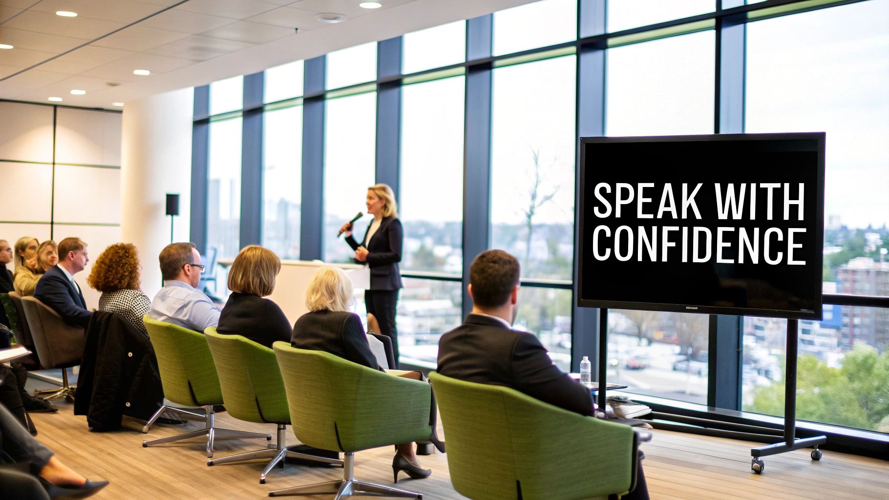 Audience engaged in a presentation, speaker holding a microphone, text on screen reading "SPEAK WITH CONFIDENCE," emphasizing the importance of effective communication and presentation skills.
