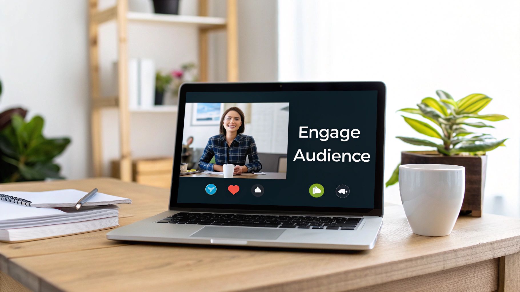 Laptop displaying a video call with a smiling presenter and the text "Engage Audience," surrounded by a notebook and a coffee cup on a wooden desk, symbolizing interactive webinar engagement.