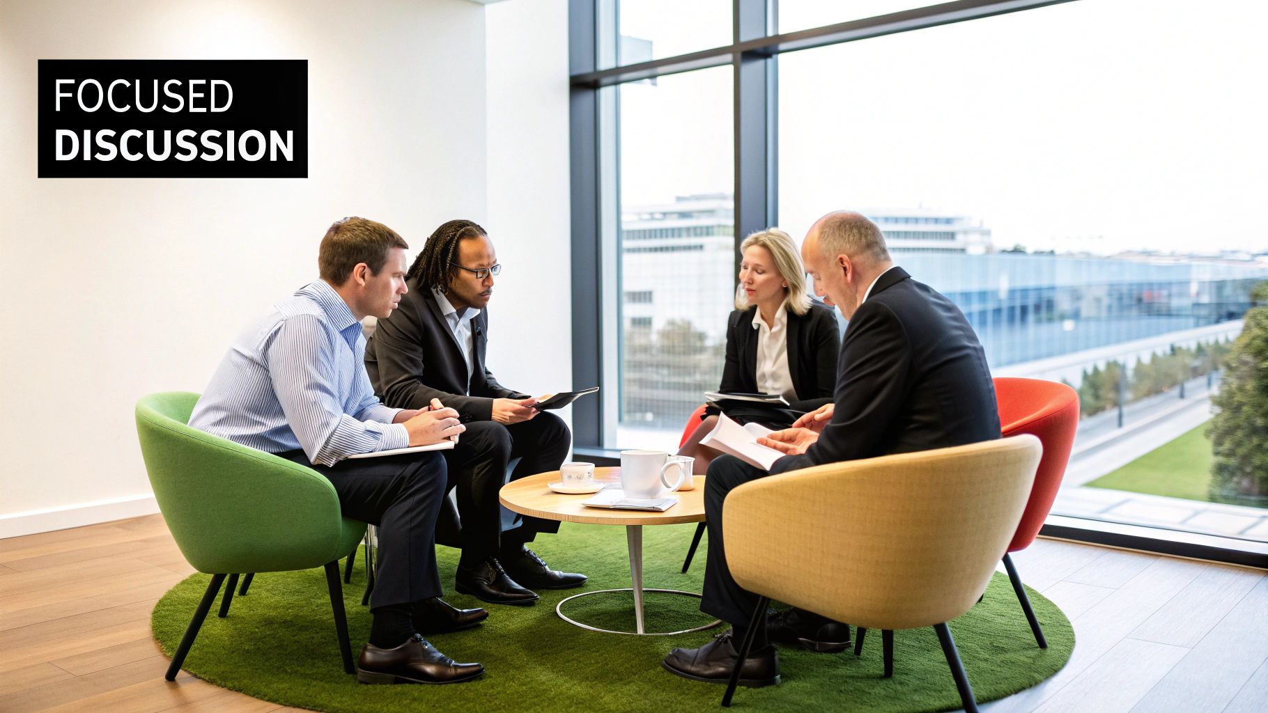 Focused discussion among four professionals in a modern meeting space, emphasizing collaboration and engagement, with a coffee cup and notepads on a circular table.