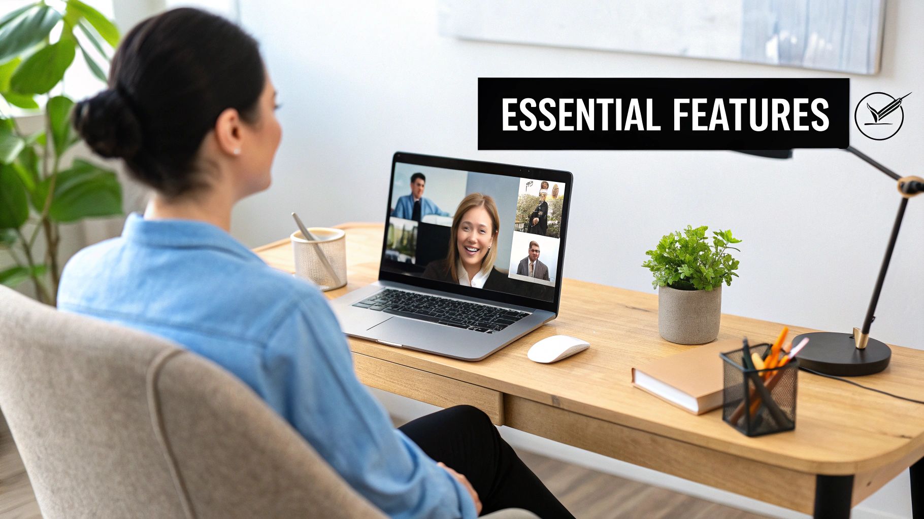 Woman participating in a video call on a laptop, showcasing essential features of webinar platforms, with a cozy workspace including a plant and stationery.