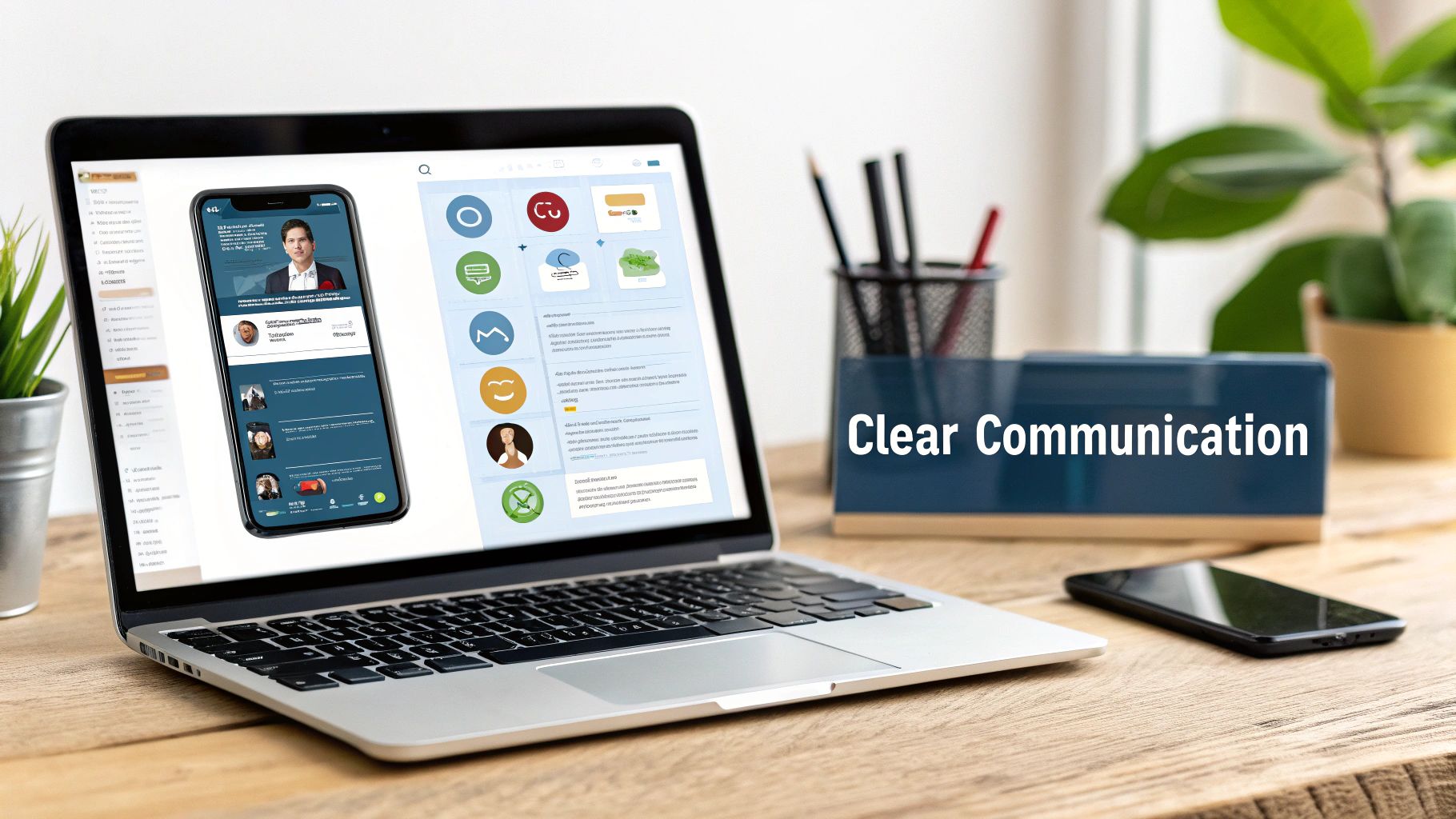 Laptop displaying a remote communication platform with a smartphone beside it, featuring a "Clear Communication" sign, emphasizing effective remote team management and collaboration tools.