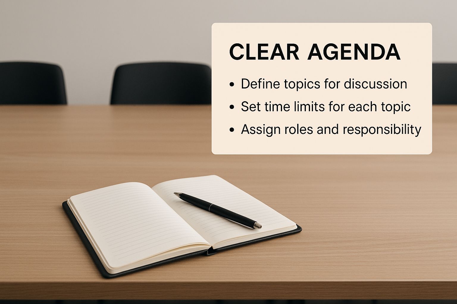 Open notebook with a pen on a wooden table, featuring a note on "Clear Agenda" highlighting key meeting strategies: defining topics for discussion, setting time limits, and assigning roles and responsibilities.
