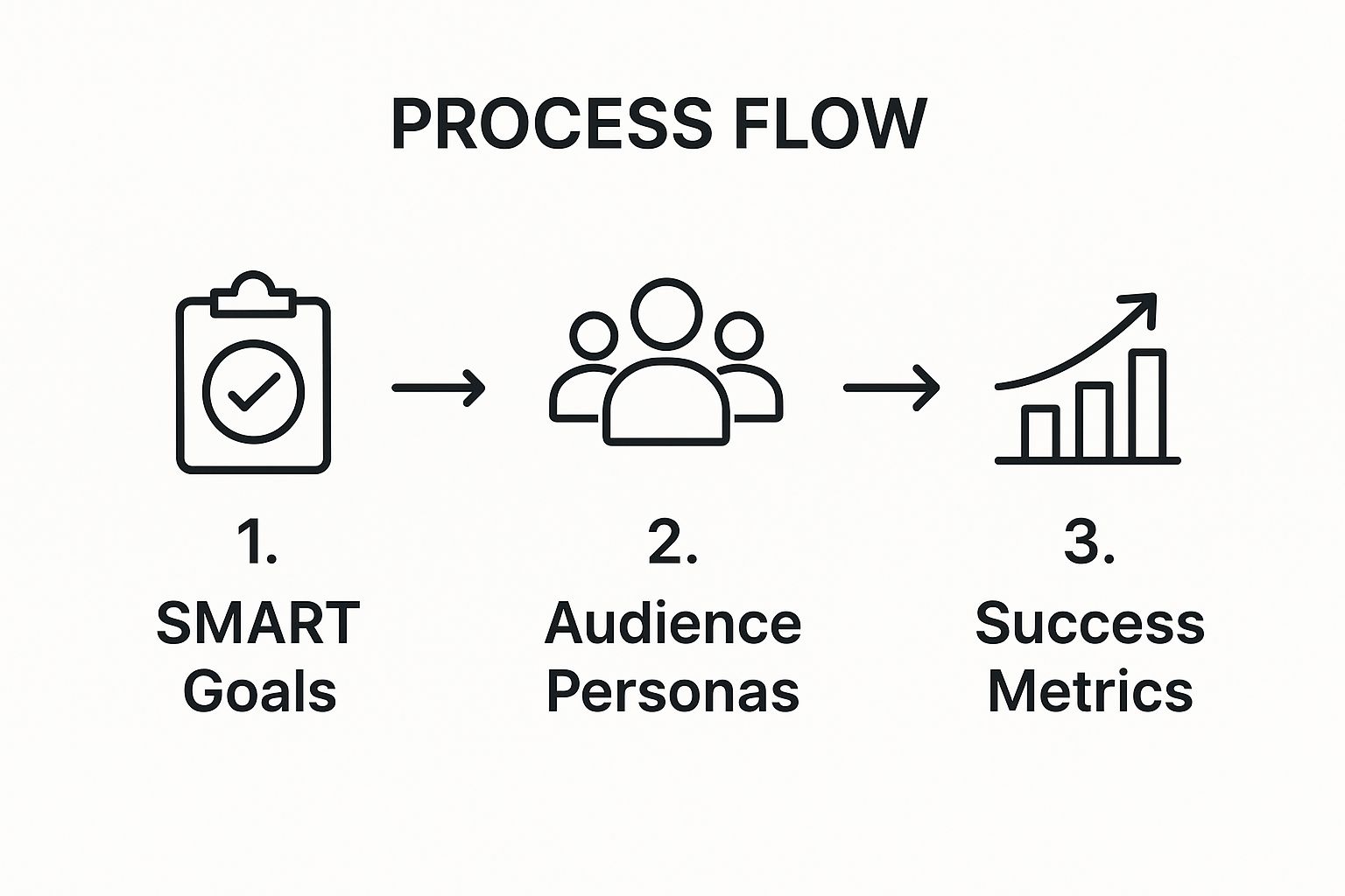 Process flow infographic illustrating three key steps for effective webinar planning: 1. SMART Goals, 2. Audience Personas, 3. Success Metrics.