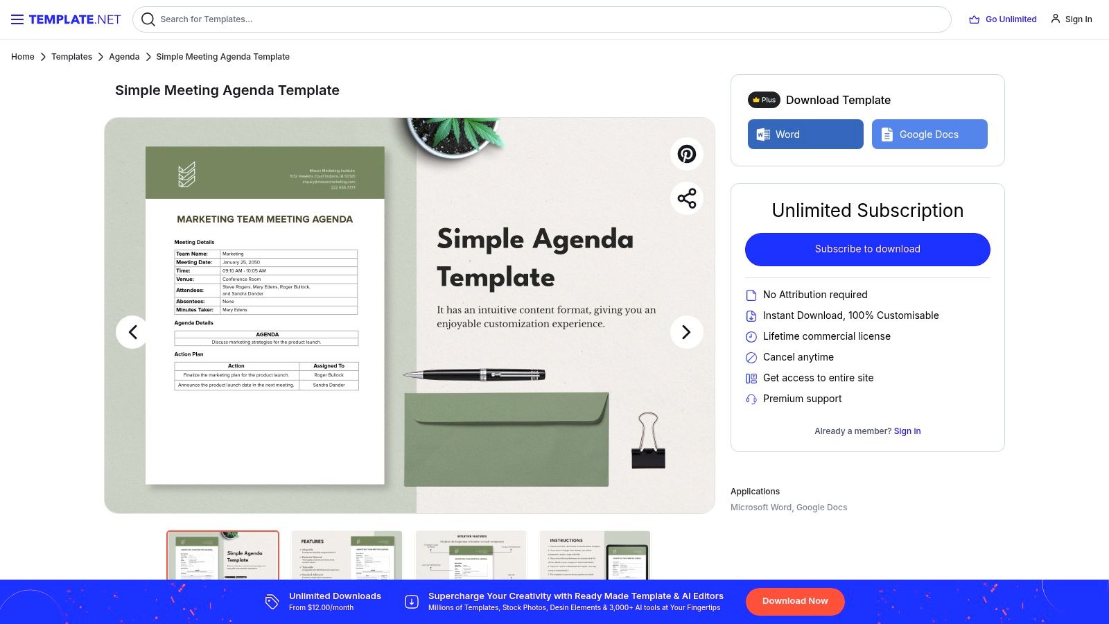 Simple meeting agenda template featuring meeting details, action items, and a clean design, ideal for startups and small teams, with options for download in Word and Google Docs formats.
