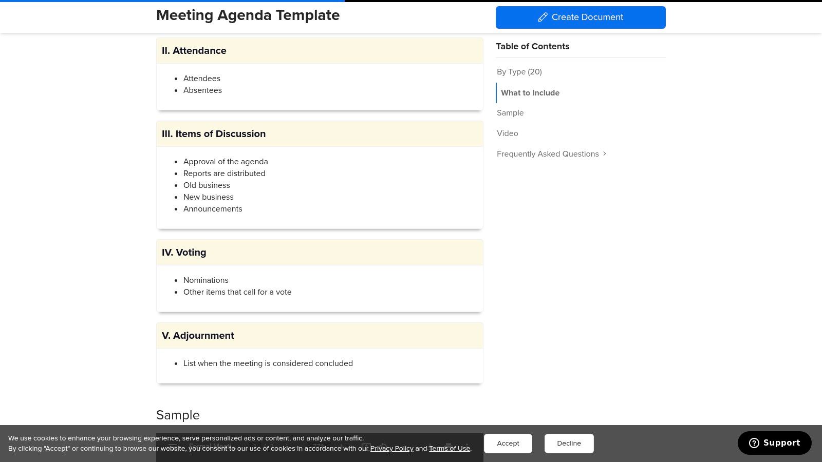 Meeting agenda template with sections for attendance, items of discussion, voting, and adjournment, designed for professional meetings and customizable for branding.