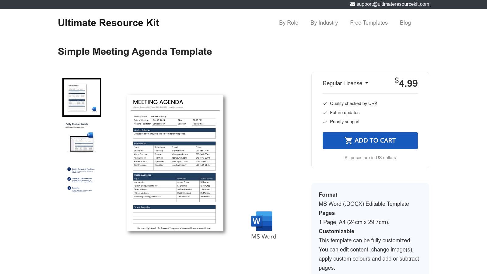 Simple meeting agenda template displayed on a webpage, featuring customizable sections for meeting details, attendee information, and agenda items, designed for Microsoft Word users.