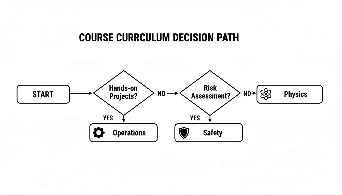 A flowchart illustrates a course curriculum decision path, outlining options like operations, safety, and physics.