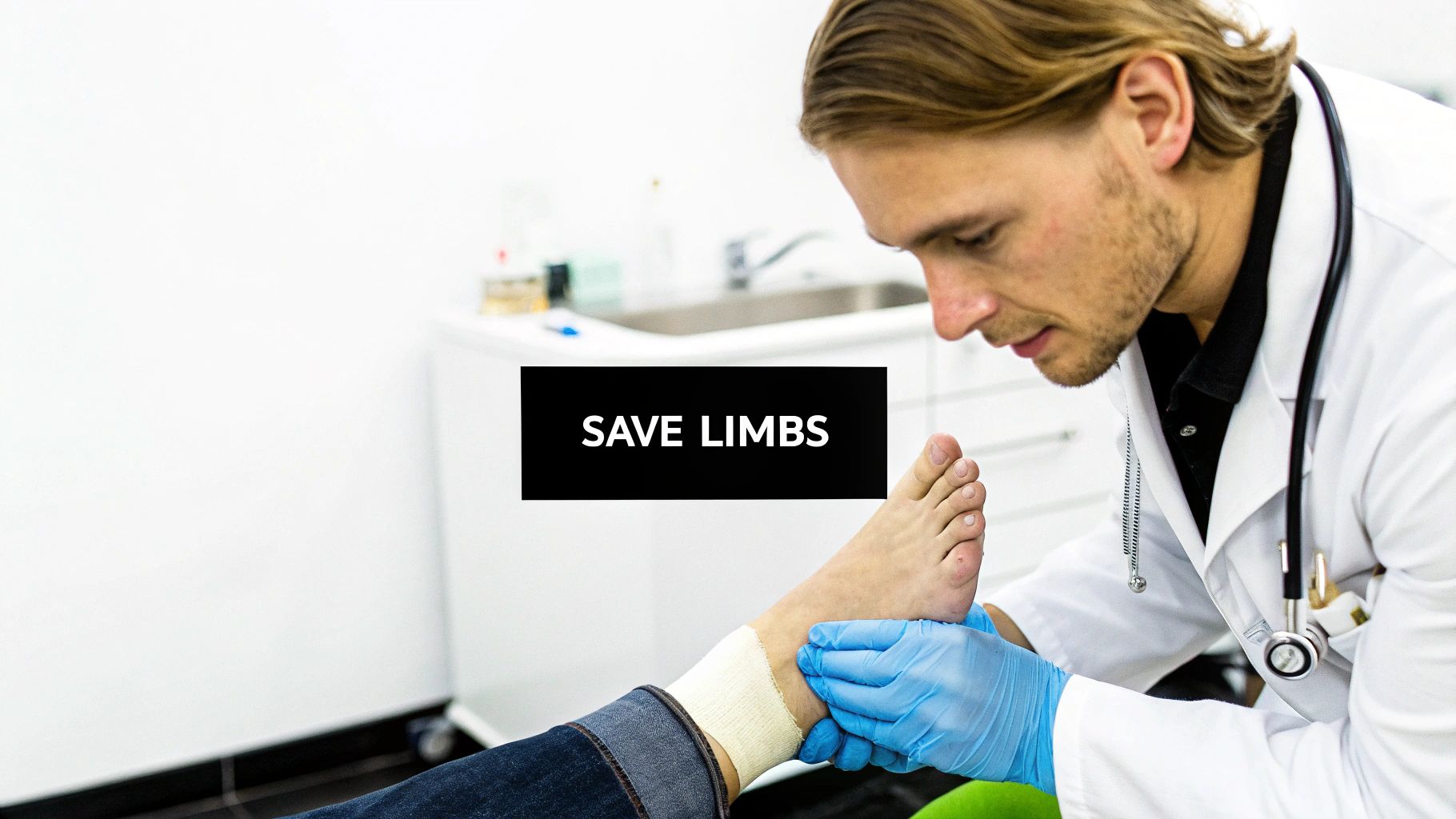 A doctor in a white coat and blue gloves examines a patient's bandaged foot, with 'SAVE LIMBS' text visible.