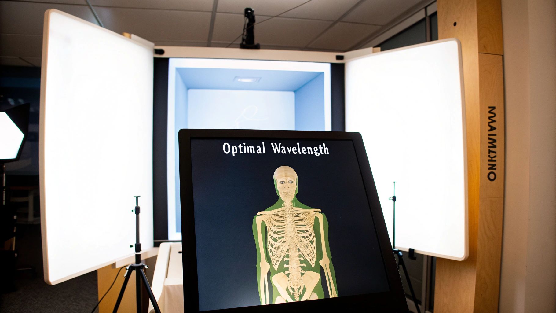 An interactive display shows a human skeleton and 'Optimal Wavelength' text, with light panels.