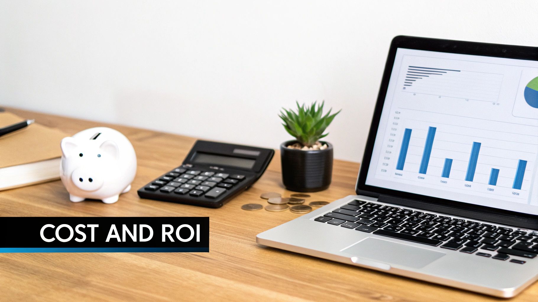 A desk with a piggy bank, calculator, coins, and laptop displaying financial charts and 'COST AND ROI' text.