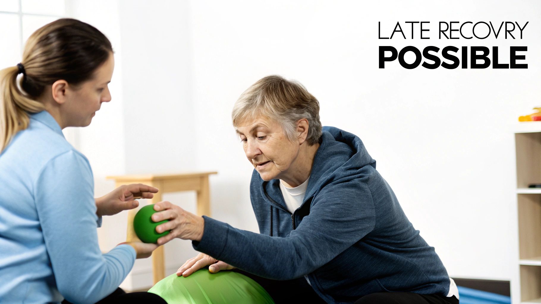 A physical therapist helps an elderly woman with a green ball during recovery exercise, with text 'LATE RECOVERY POSSIBLE'.
