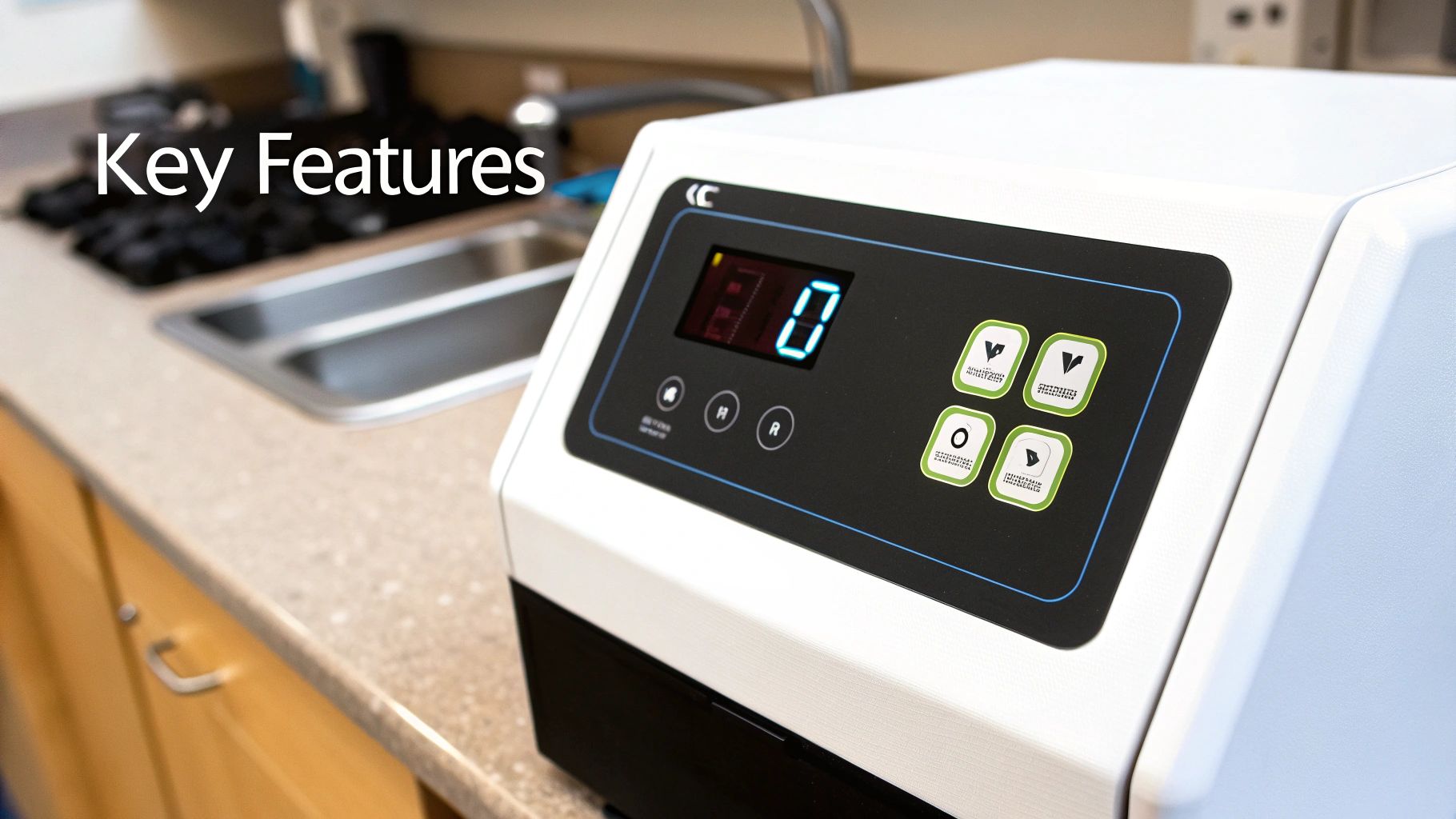 A white and black localized cryotherapy machine with a digital display and control panel.