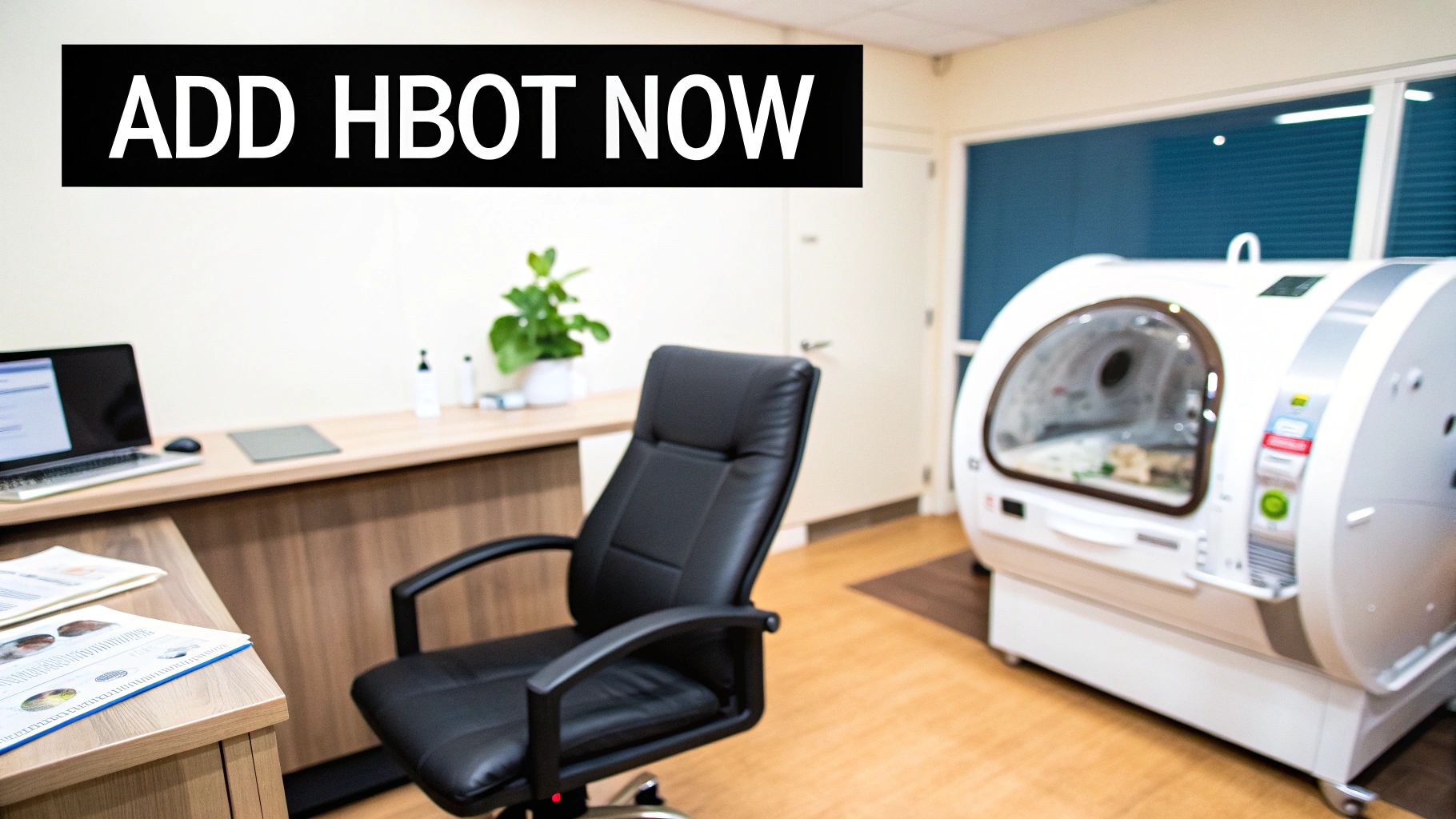 A modern clinic office with a desk, laptop, black executive chair, and a white hyperbaric oxygen therapy chamber.