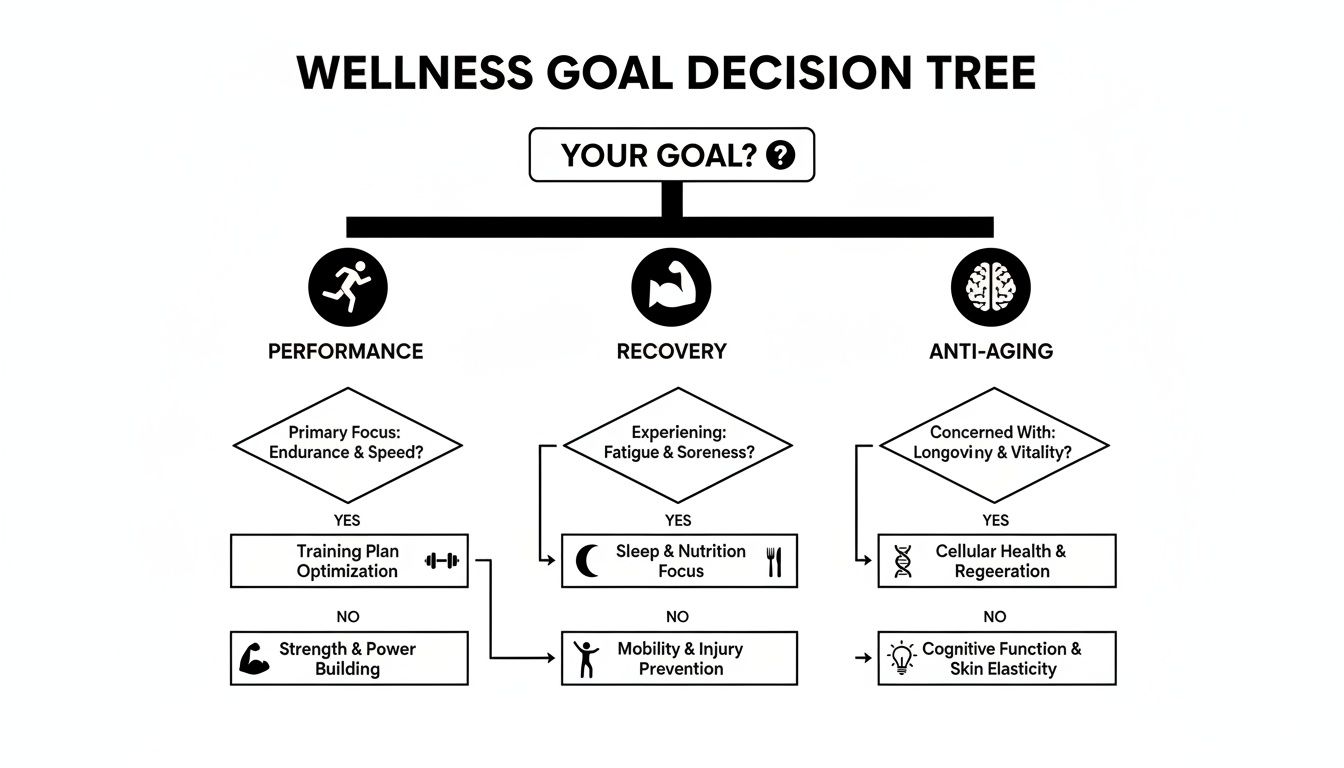 A visual decision tree showing paths for wellness goals like performance, recovery, and anti-aging.
