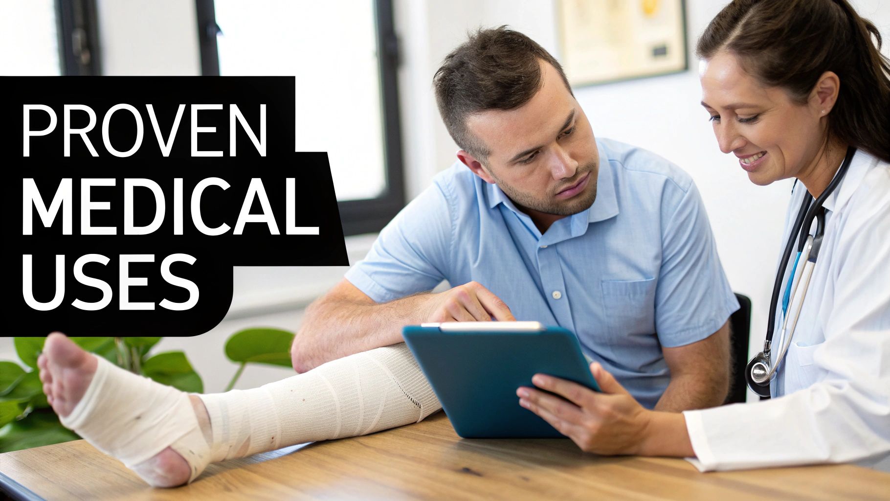 A male patient with a bandaged leg consults a smiling female doctor holding a tablet, with 'PROVEN MEDICAL USES' text overlay.